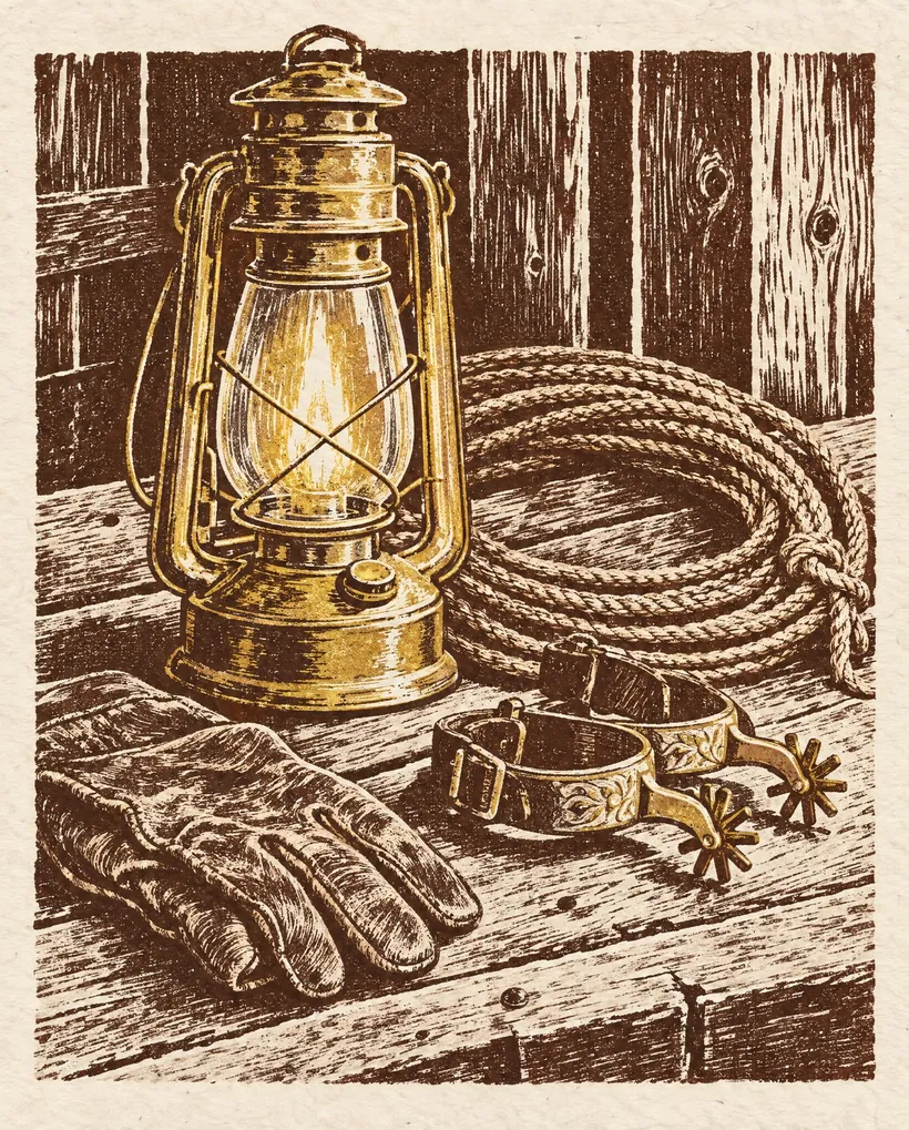 Two-color linocut of a brass lantern, a lariat and spurs on barn boards