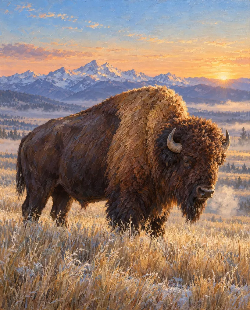 Oil painting of a bison bull in frosted prairie grass at sunrise