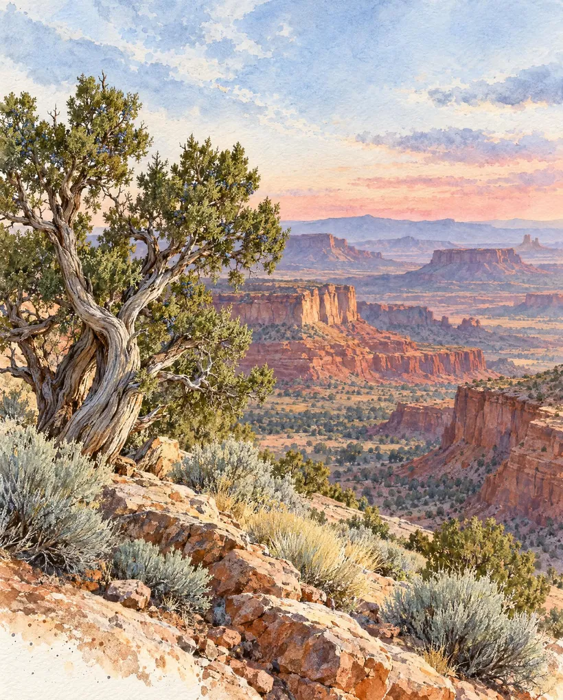 Watercolor of a juniper above red sandstone mesas