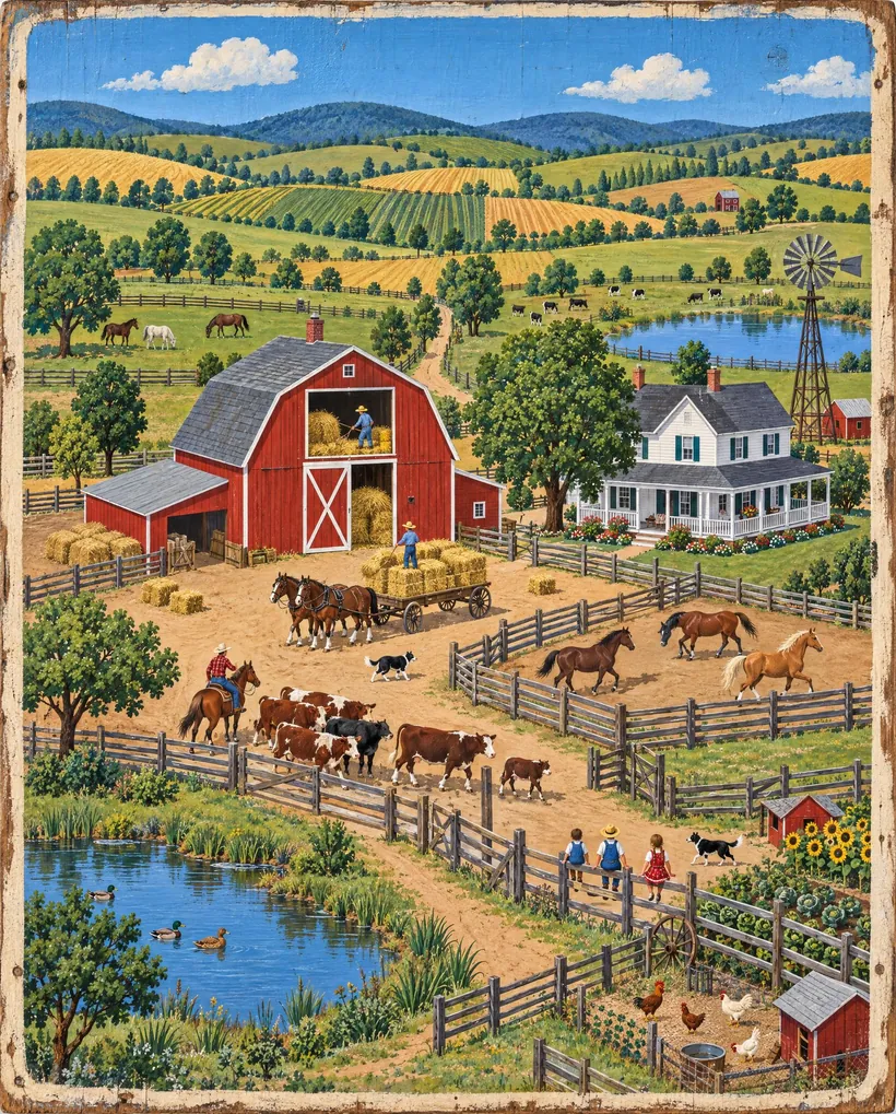 Folk art painting of a working ranch seen from above, with a red barn, corrals and riders