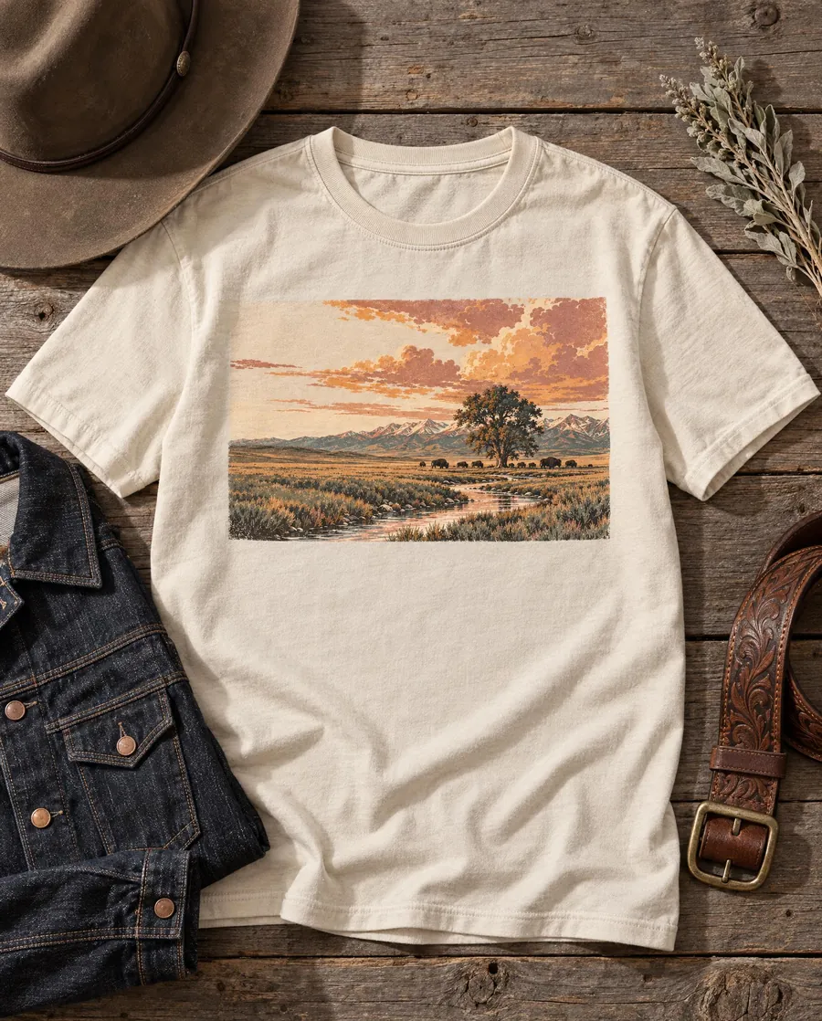 A bone-colored t-shirt printed with the prairie design, laid out with a denim jacket and a leather belt