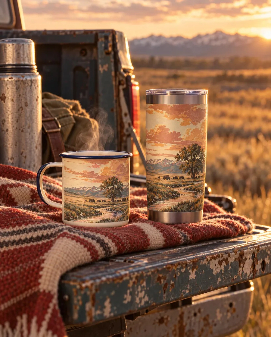 An enamel camp mug and a steel tumbler printed with the prairie design, on a truck tailgate at golden hour