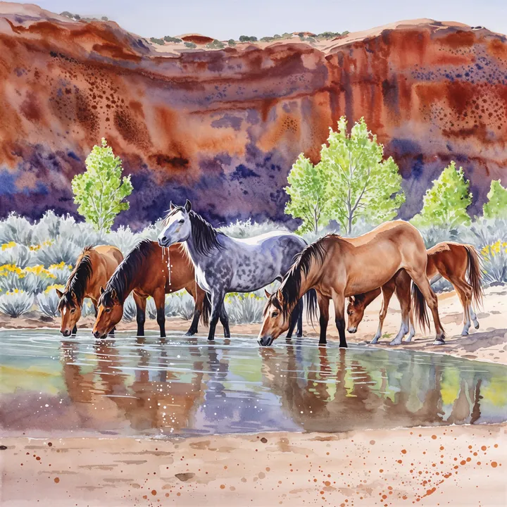 Watercolor: a band of mustangs drinking at a spring beneath red cliffs