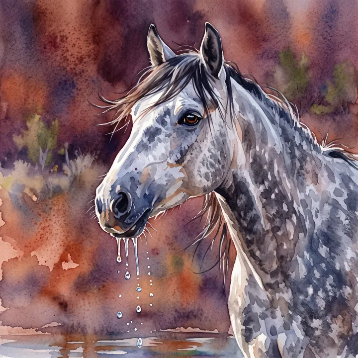 Watercolor: close portrait of a dappled gray mare lifting her head from the water