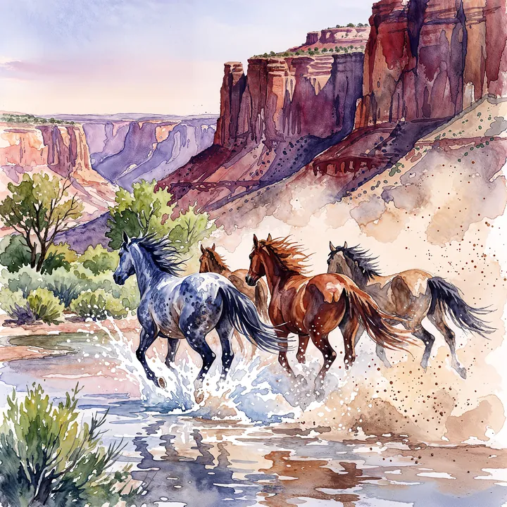 Watercolor: mustangs galloping through a shallow wash, spray flying
